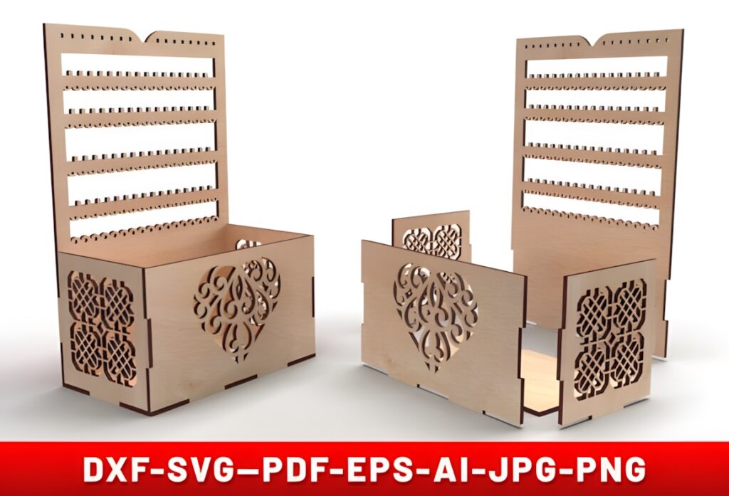 45 Laser Cut Files for Ready-to-Make Laser Projects 33 Laser cut files for a 4 mm earring display stand with multiple hanging positions and decorative side panels
