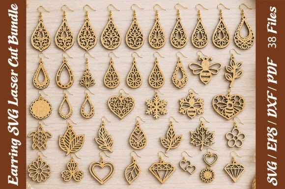 Laser cut wood earrings in various intricate shapes including floral, leaf, heart, and geometric designs
