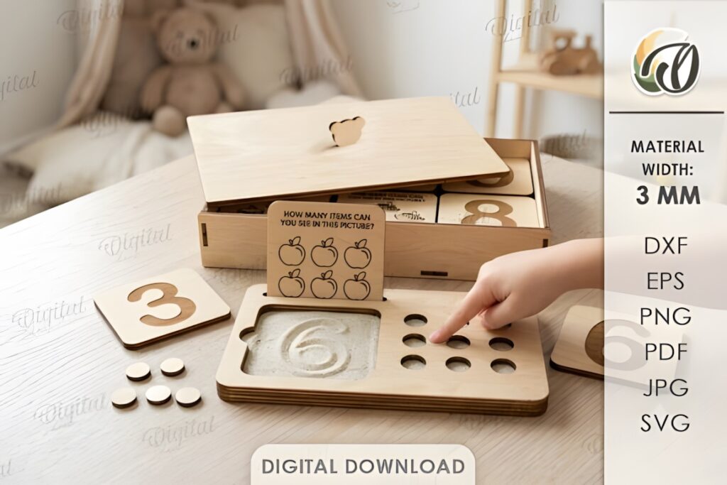 22 Educational Laser Cut Puzzles for Kids with SVG Files 3 Educational laser cut puzzles for kids with wooden number and counting pieces in a natural wood box