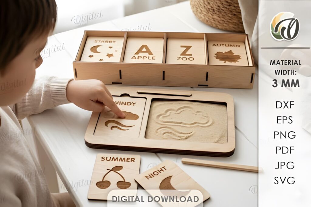 22 Educational Laser Cut Puzzles for Kids with SVG Files 2 Child assembling educational laser cut puzzles with wooden pieces featuring themes like starry, apple, zoo, and autumn