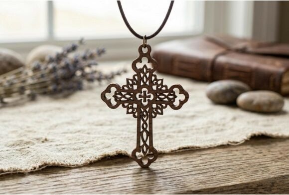 Laser cut necklace featuring an elegant ornamental cross pendant with symmetrical decorative details