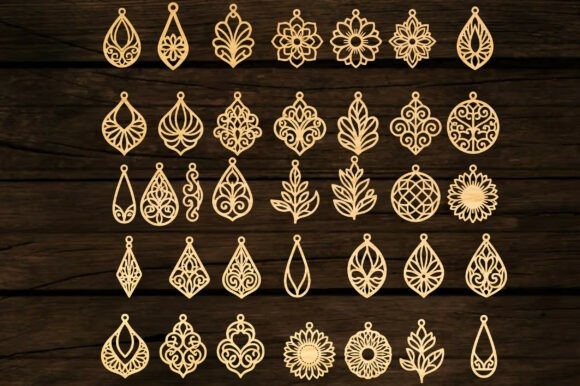 45 Best Laser Cut Acrylic Jewelry Ideas 6 Laser cut acrylic jewelry in elegant earring SVG bundle with decorative silhouettes on dark wood background