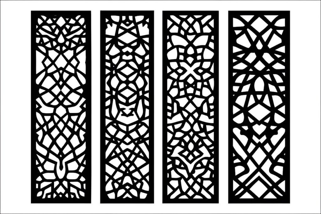 33 Modern Cnc Jaali Design Ideas for Modern Architectural Spaces 7 Modern CNC jaali design featuring four tall panels with geometric and floral-inspired cutout patterns