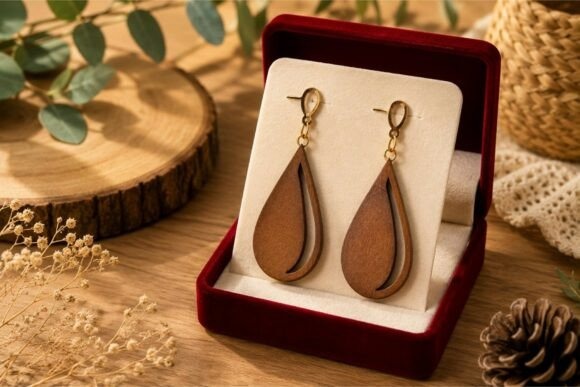 23 Laser Cut Wood Jewelry Ideas 7 Elegant laser cut wood jewelry teardrop earrings in a velvet box on a wooden surface