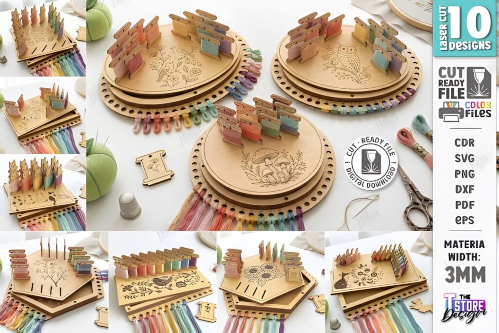 21 Laser Cut Organizer SVG Files for Home Storage Projects 27 Laser cut organizer for embroidery floss with holder-style designs and floral patterns