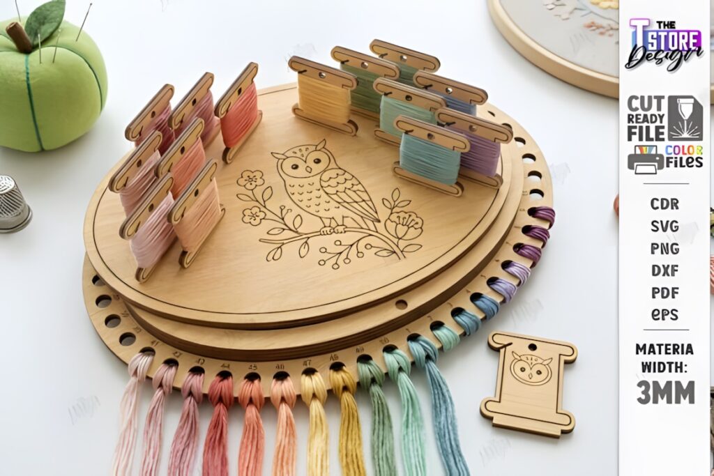 21 Laser Cut Organizer SVG Files for Home Storage Projects 26 Laser cut organizer with embroidery floss holders arranged on a wooden round board featuring an owl design