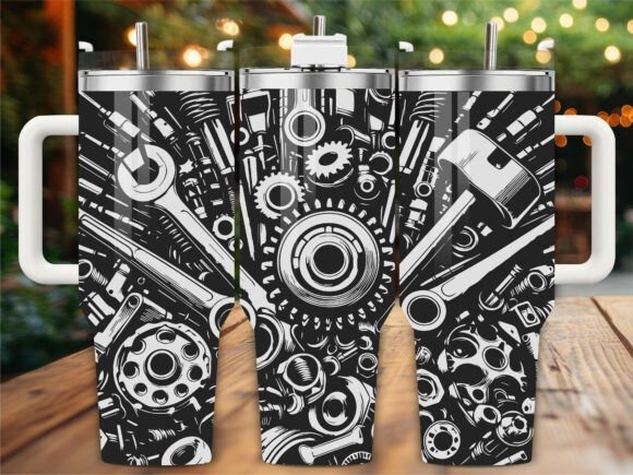 40-ounce Stanley-style tumbler with detailed mechanical engine parts laser engraving ideas wrap