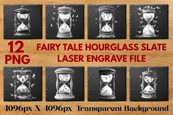 31 Laser Engraving Ideas for Practical DIY Builds 20 Fairy tale hourglass slate laser engraving ideas in grayscale with detailed hourglass designs on natural slate backgrounds