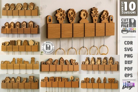 10 Best Useful Laser Engraving Projects for Home: Ideas and Tips 7 Laser engraving projects for home showing a bundle of 10 family wall key holders with decorative wooden designs and key hooks