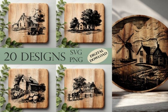 Laser Engraving Ideas for 10 Useful Home Projects 5 Laser engraving ideas for home decor featuring farmhouse cutting board designs with detailed line-art farmhouses and floral