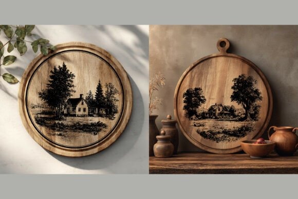Farmhouse cutting boards with laser engraving ideas featuring rustic house and tree line art for kitchen decor