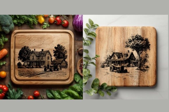 Farmhouse cutting boards with laser engraving ideas showing rustic house and tree designs