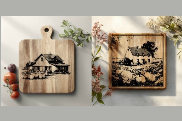 Farmhouse cutting boards with laser engraving ideas featuring rustic house and pumpkin designs