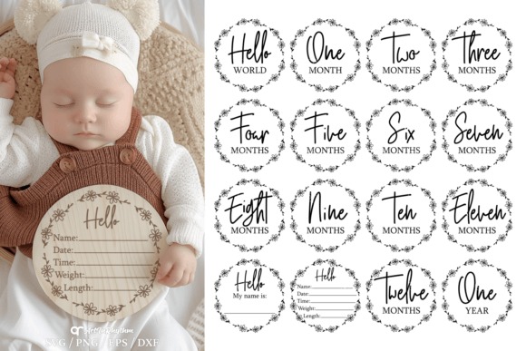 Floral Baby Monthly Milestones SVG set with decorative frames for laser engraving ideas