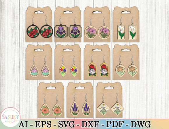 Laser cut wood earrings featuring floral designs including roses, lilies, daisies, and tulips in various shapes and colors