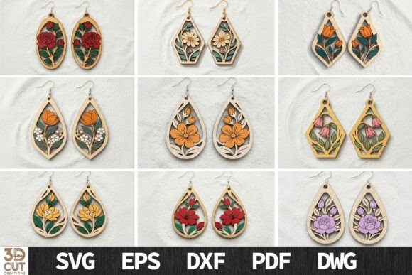 Laser cut wood earrings featuring various floral designs including roses, daisies, tulips, and hibiscus in a botanical style