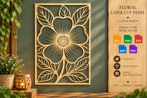 45 Laser Cut Panels for Indoor and Outdoor Features 15 Floral flower laser cut panels with a large flower and leaves inside a rectangular frame for indoor and outdoor features