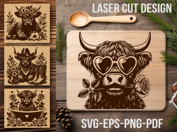 Laser engraving ideas showing floral Highland cow designs on wooden cutting boards with decorative details