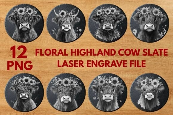 Floral Highland Cow slate laser engraving ideas in high-resolution grayscale PNG artwork for creative DIY projects