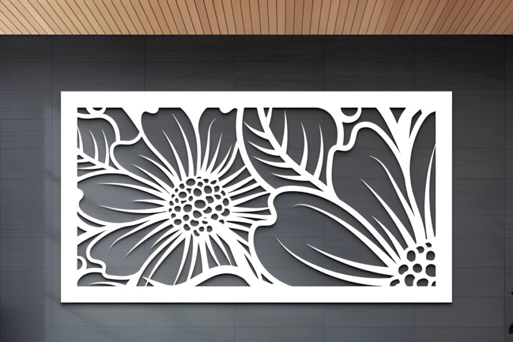 15 Laser Cut Panels for Decorative Cabinet Door Insert Projects 9 Laser cut panels for cabinet door with floral design in white mounted on dark wall