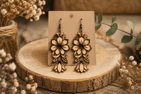 45 Best Laser Cut Acrylic Jewelry Ideas 17 Floral wooden earrings with laser cut botanical design on display card — laser cut acrylic jewelry
