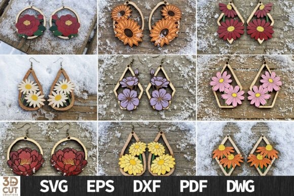 Laser cut wood earrings featuring floral designs in various colors and shapes, suitable for 3 mm wood material