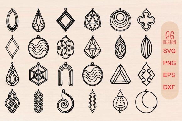 Set of 26 geometric laser cut wood earrings designs in black line art including shapes like diamonds, circles, and abstract