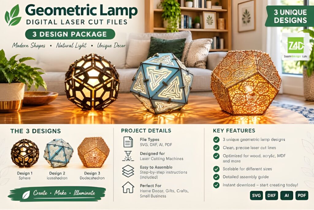 37 Laser Cut Ideas for Creative Maker Projects 14 Three geometric laser cut lamps with polygonal, patterned, and intricate designs on a wooden table in a living room