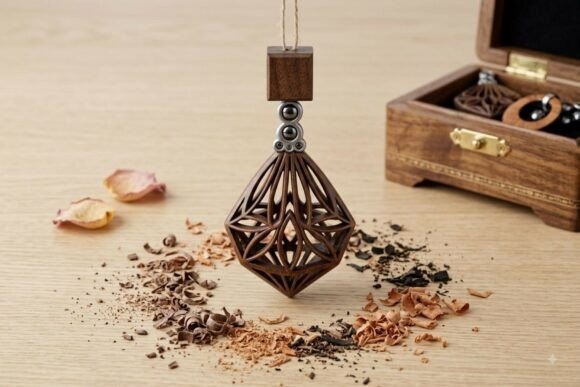 45 Best Laser Cut Acrylic Jewelry Ideas 9 Geometric wooden pendant earring with symmetrical filigree design on a beige surface with wood — laser cut acrylic jewelry