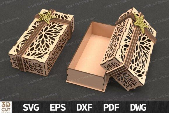 13 Laser Cut Box Projects for Cards, Keepsakes and Small Gifts 27 Laser cut box projects showing a decorative rectangular wooden gift box with floral cutout patterns and a star-shaped
