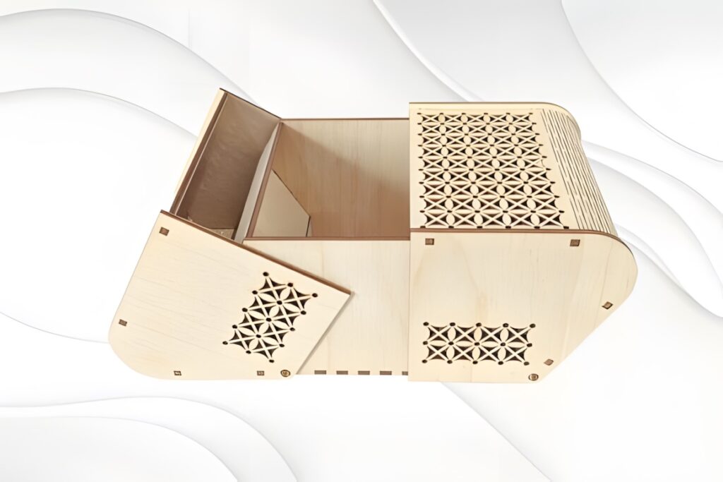 21 Laser Cut Organizer SVG Files for Home Storage Projects 19 Laser cut organizer wooden gift jewelry box with intricate geometric patterns and hinged lid open