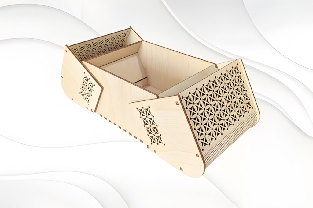 21 Laser Cut Organizer SVG Files for Home Storage Projects 18 Laser cut organizer wooden gift jewelry box with intricate geometric patterns and glued assembly