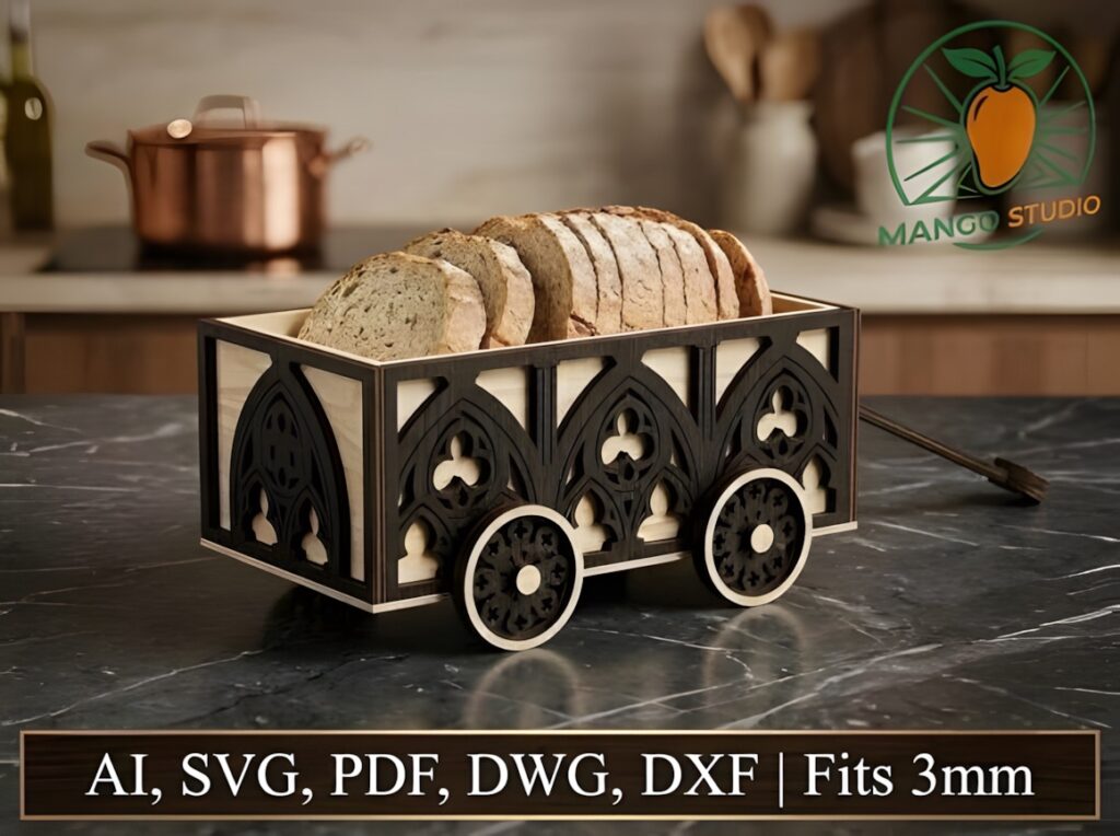 29 Laser Cut SVG Files for Wood, MDF and Acrylic Projects 16 Gothic wooden bread cart laser cut SVG files for wood projects with decorative cathedral-inspired details and wheels