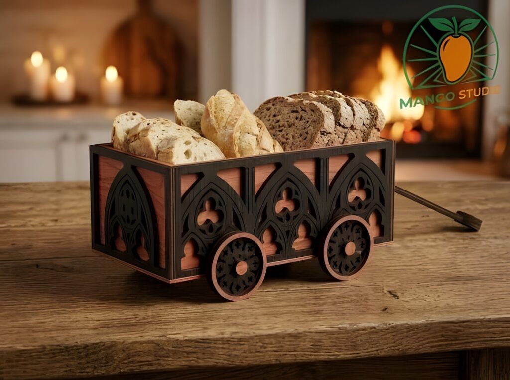 29 Laser Cut SVG Files for Wood, MDF and Acrylic Projects 17 Gothic wooden bread cart with cathedral-inspired laser cut designs holding various — laser cut SVG files for wood projects