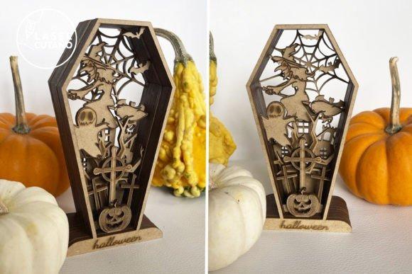 Halloween Coffin Wood Decor — Halloween laser cut ideas Halloween laser cut ideas coffin wood decor with witch, spider web, and pumpkin in layered design
