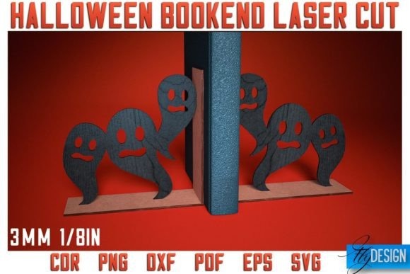 Halloween Bookend Laser Cut — Halloween laser cut ideas Halloween bookend laser cut design with ghost silhouettes holding a book upright on a red — Halloween laser cut ideas