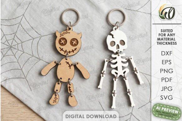 Halloween laser cut keychain Halloween laser cut keychain featuring wooden stitched doll and white skeleton character designs