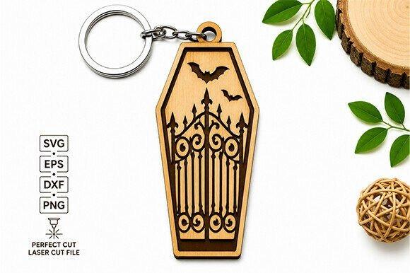 Halloween Coffin Keychain — Halloween laser cut keychain Halloween laser cut keychain shaped like a coffin with bats and wrought iron gate design