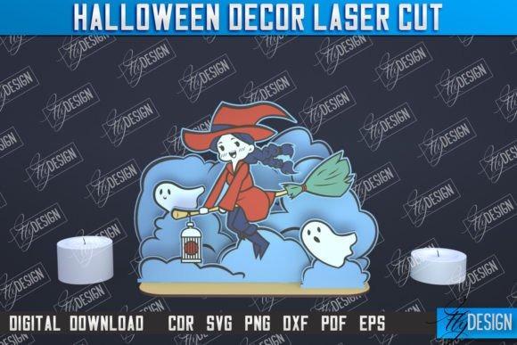3D Halloween Laser Cut Scene — laser cut Halloween decorations 3D laser cut Halloween decorations featuring a witch on a broomstick with ghosts and clouds