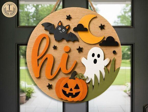Halloween Laser Cut Door Hanger Halloween laser cut door hanger with ghost, pumpkin, bat, crescent moon, and stars on round wood base