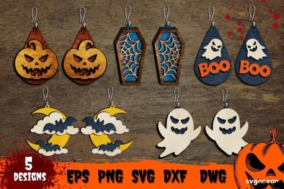 35 Halloween Laser Cut Wood Earrings Ideas 4 Halloween laser cut wood earrings featuring pumpkin, spider web, ghost, moon with bats designs in a seasonal assortment