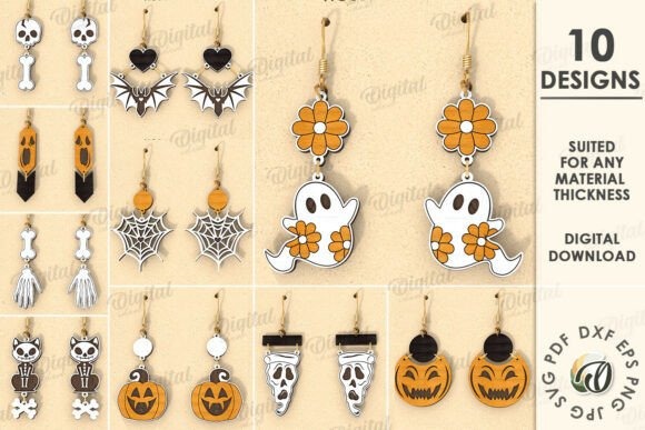 35 Halloween Laser Cut Wood Earrings Ideas 29 Halloween laser cut wood earrings featuring 10 designs including skulls, bats, ghosts, pumpkins, and spider webs in natural
