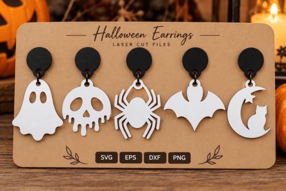 35 Halloween Laser Cut Wood Earrings Ideas 35 Halloween laser cut wood earrings set with ghost, skull, spider, bat, and cat designs on black and white wood