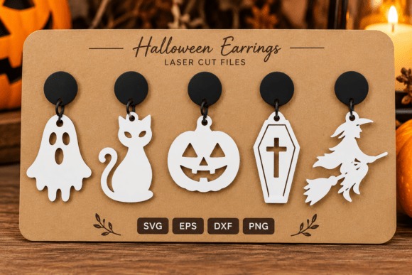 35 Halloween Laser Cut Wood Earrings Ideas 30 Halloween laser cut wood earrings featuring ghost, cat, pumpkin, coffin, and witch designs on black studs