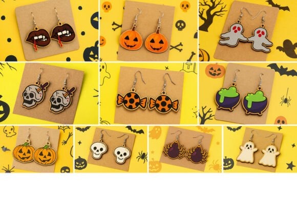 25 Laser Cut Halloween Jewelry Ideas 14 Laser cut Halloween jewelry earrings including vampire lips, pumpkin faces, ghosts, skulls, candy, cauldrons, and spiders on