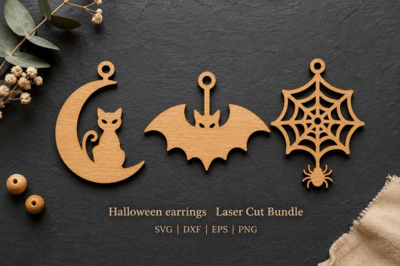 35 Halloween Laser Cut Wood Earrings Ideas 11 Halloween laser cut wood earrings including a cat on a crescent moon, a bat, and a spider web with spider