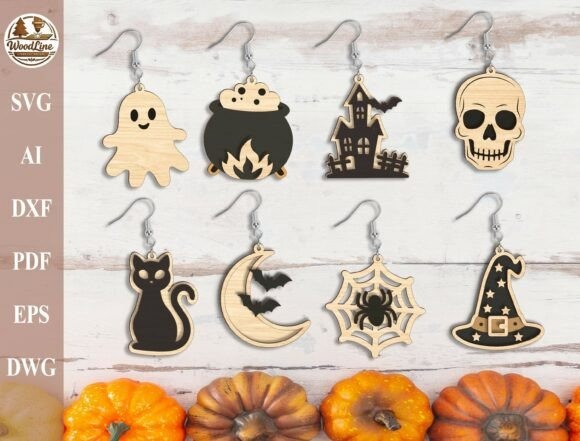 25 Laser Cut Halloween Jewelry Ideas 12 Laser cut Halloween jewelry earrings including ghost, cauldron, haunted house, skull, black cat, moon with bats, spider web