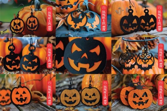 25 Laser Cut Halloween Jewelry Ideas 21 Laser cut halloween jewelry featuring various pumpkin and bat earring designs in black and orange colors displayed with