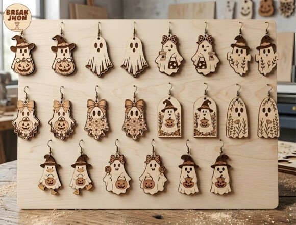 35 Halloween Laser Cut Wood Earrings Ideas 13 halloween laser cut wood earrings featuring ghost characters with pumpkins, witch hats, bows, and floral details