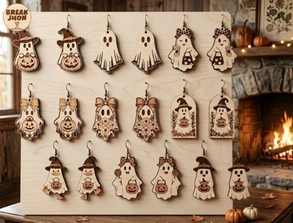 45 Best Laser Cut Acrylic Jewelry Ideas 39 Laser cut acrylic jewelry featuring Halloween ghost and pumpkin earring designs on display board